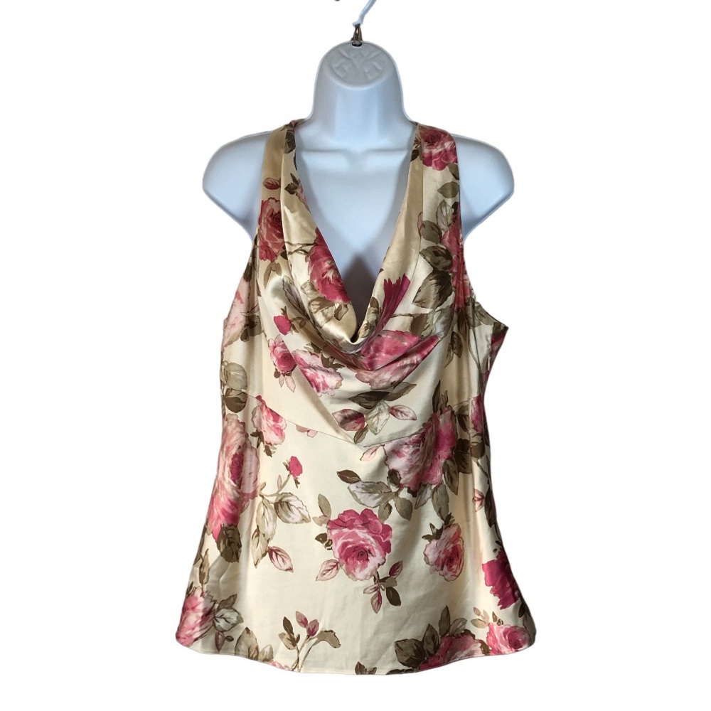 Banana Republic Silk Blouse Pink floral Zip Side Lined Sleeveless Size XL